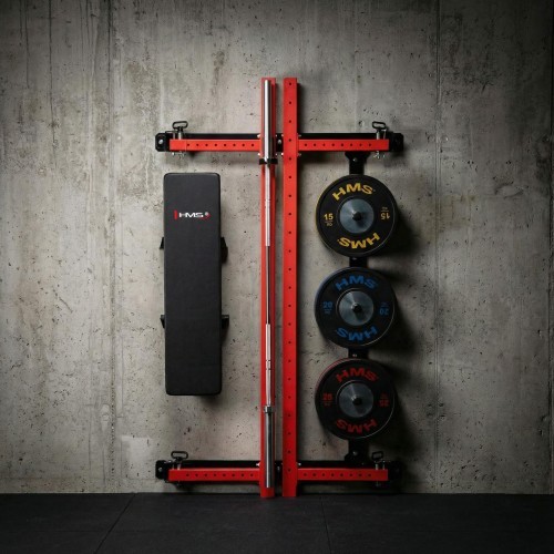 WALL-MOUNTED SLIDING POWER RACK WITH BENCH KLT34 RED HMS FITNESS