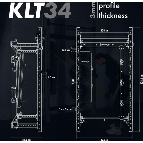 WALL-MOUNTED SLIDING POWER RACK WITH BENCH KLT34 GREY HMS FITNESS