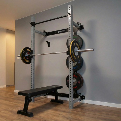 WALL-MOUNTED SLIDING POWER RACK WITH BENCH KLT34 GREY HMS FITNESS