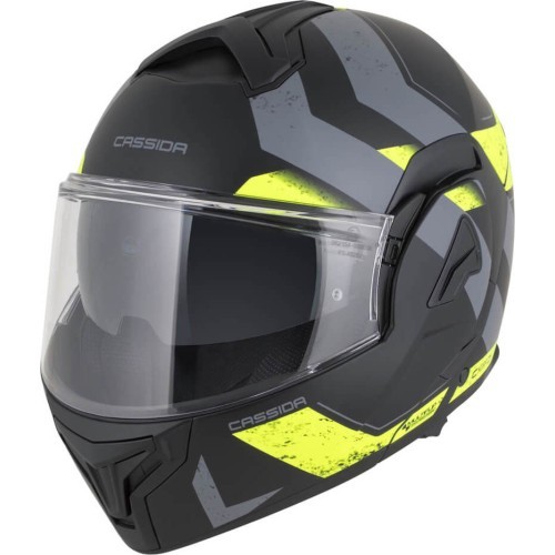 Flip-Up Motorcycle Helmet Cassida MultiFlip Korp P/J - Matt Black/Fluo Yellow/Grey