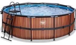 Бассейн EXIT Wood ø427x122 см с песочным фильтр-насосом, куполом и тепловым насосом, коричневый