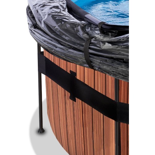 Baseinas EXIT Wood ø427x122 cm su smėlio filtro siurbliu, kupolu ir šilumos siurbliu, rudas