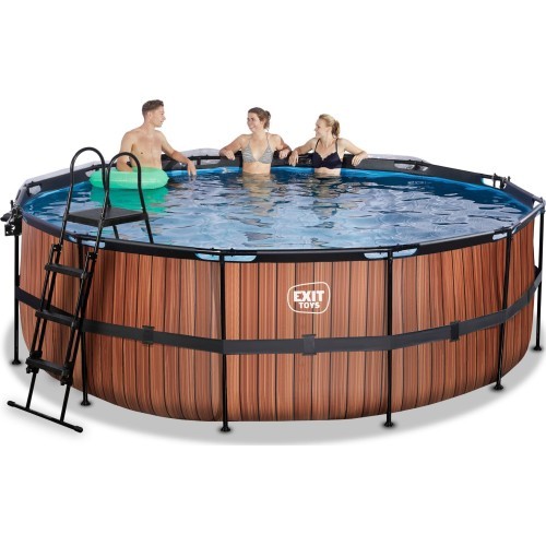 Бассейн EXIT Wood ø427x122 см с песочным фильтр-насосом, куполом и тепловым насосом, коричневый