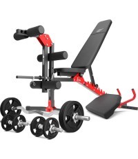 Rinkinys MH1_68KG_KIER | reguliuojamas suolas + kojų spaudimo įtaisas + bicepsų atrama + 42 kg rankenų ir svorių komplektas - Ma