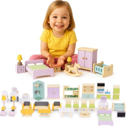 Wooden doll house furniture accessories set of 30 pieces