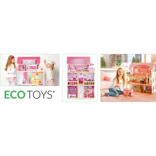 Деревянный кукольный домик с мебелью и LED EcoToys