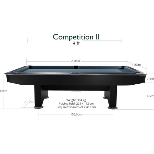 Billiard Table, Pool, Competition II, Black matt, 8 ft., Club Cloth yellow green