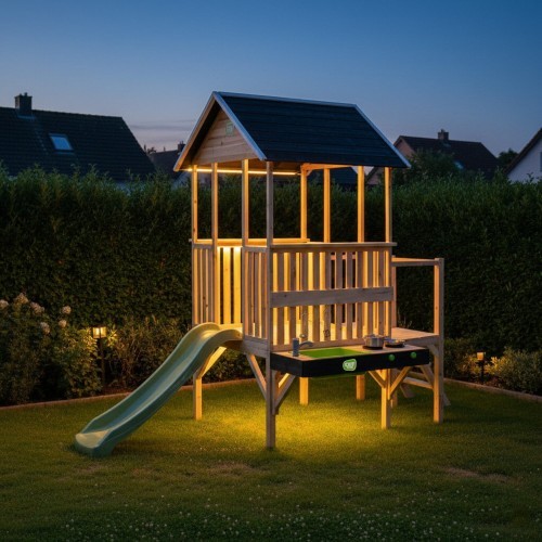 EXIT Panorama 350 wooden playhouse with slide and mud kitchen