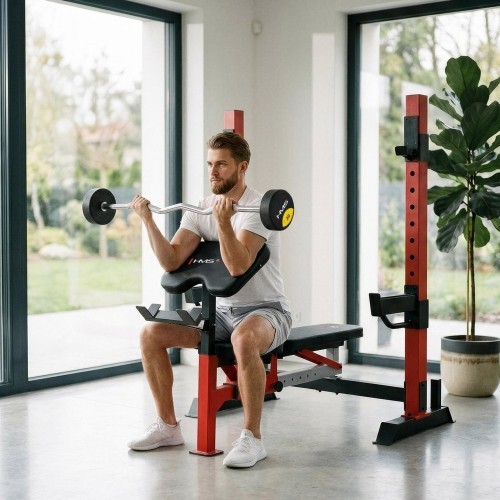 ADJUSTABLE WEIGHT BENCH WITH BARBELL RACK, LEG DEVELOPER AND PREACHER CURL PAD LS7688 HMS