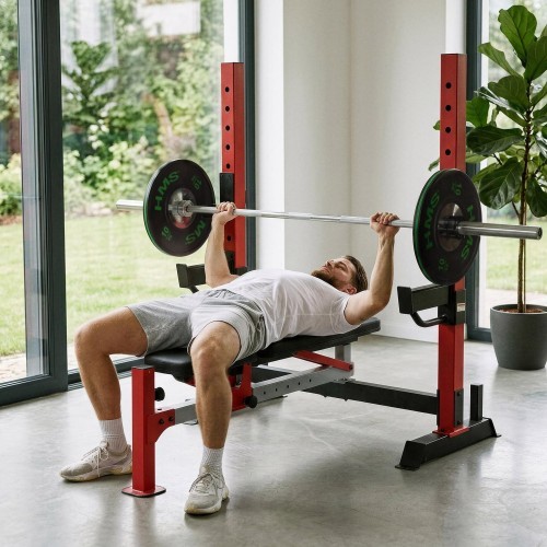 ADJUSTABLE WEIGHT BENCH WITH BARBELL RACK, LEG DEVELOPER AND PREACHER CURL PAD LS7688 HMS