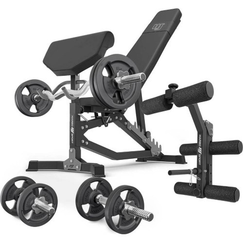 Marbo Sport MS39_2.0_42KG двусторонняя регулируемая тренировочная скамья с партой, прессом для ног и набором весов 42 кг