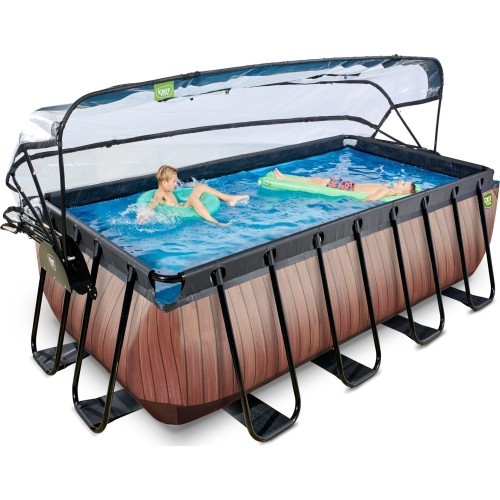 EXIT Wood pool 400x200x122cm with sand filter pump and dome - brown