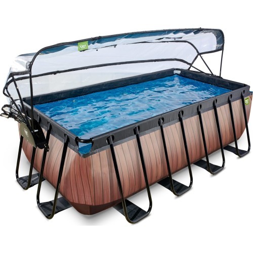 EXIT Wood pool 400x200x122cm with sand filter pump and dome and heat pump - brown