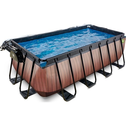 EXIT Wood pool 400x200x122cm with sand filter pump and dome and heat pump - brown