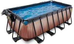 EXIT Wood pool 400x200x122cm with sand filter pump and dome and heat pump - brown