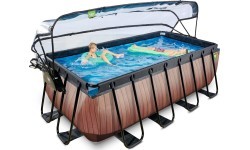 EXIT Wood pool 400x200x122cm with sand filter pump and dome and heat pump - brown