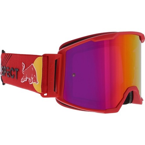 Motokroso akiniai Red Bull Spect Strive Panovision, matiniai raudoni, purpuriniai veidrodiniai lęšiai