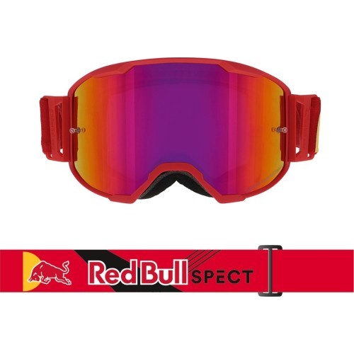 Motokroso akiniai Red Bull Spect Strive Panovision, matiniai raudoni, purpuriniai veidrodiniai lęšiai