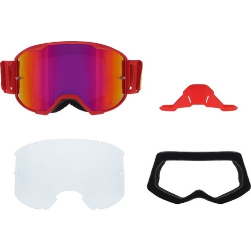 Motokroso akiniai Red Bull Spect Strive Panovision, matiniai raudoni, purpuriniai veidrodiniai lęšiai