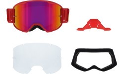 Motokroso akiniai Red Bull Spect Strive Panovision, matiniai raudoni, purpuriniai veidrodiniai lęšiai