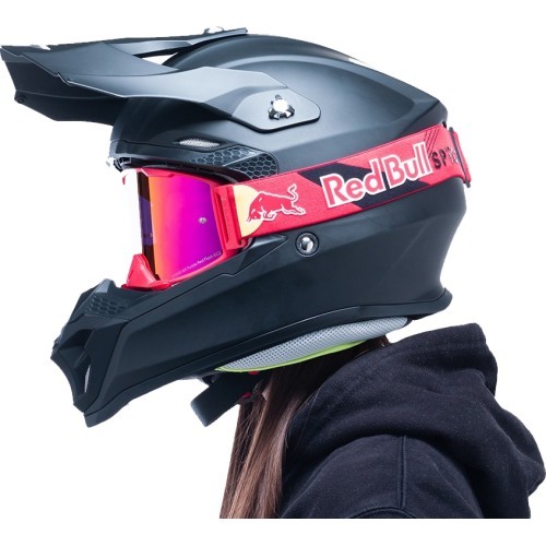 Motokroso akiniai Red Bull Spect Strive Panovision, matiniai raudoni, purpuriniai veidrodiniai lęšiai