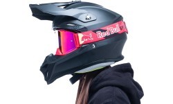 Motokroso akiniai Red Bull Spect Strive Panovision, matiniai raudoni, purpuriniai veidrodiniai lęšiai