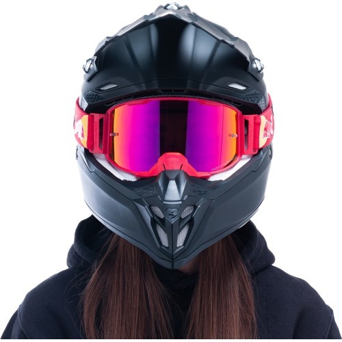 Motokroso akiniai Red Bull Spect Strive Panovision, matiniai raudoni, purpuriniai veidrodiniai lęšiai