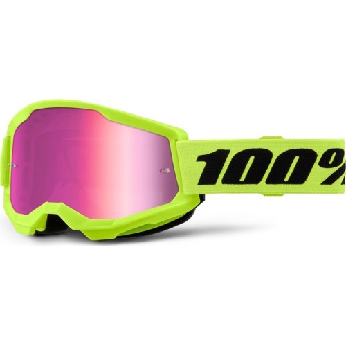 Junior Motocross Goggles 100% Strata 2 Junior Mirror - Neon Yellow, růžové plexi
