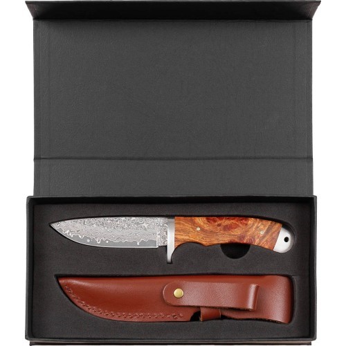 Damasko peilis FoxOutdoor su raudonojo svarainio medžio rankena