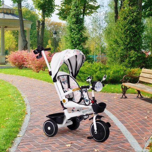 Vaikiškas triratukas su sukiąja sėdyne, stūmimo rankena ir stogeliu ECOTOYS
