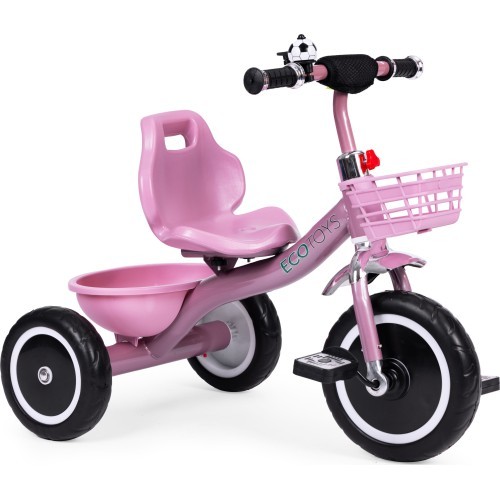 Triratukas su neslystančiomis rankenomis, skambučiu ir krepšeliu, rožinis ECOTOYS