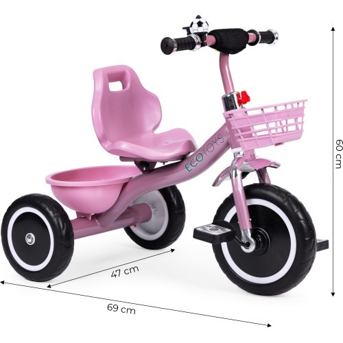 Triratukas su neslystančiomis rankenomis, skambučiu ir krepšeliu, rožinis ECOTOYS