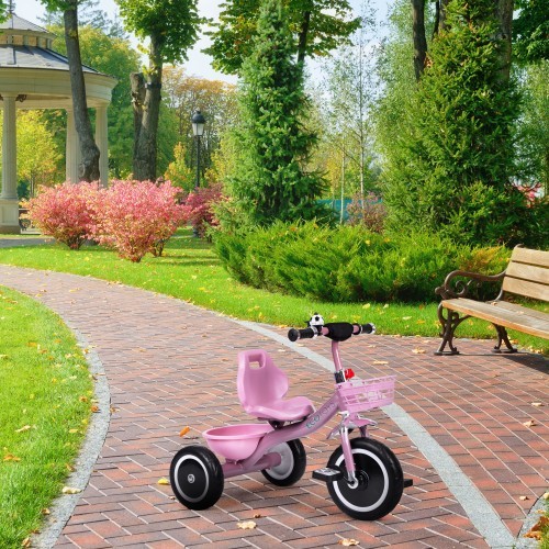 Triratukas su neslystančiomis rankenomis, skambučiu ir krepšeliu, rožinis ECOTOYS