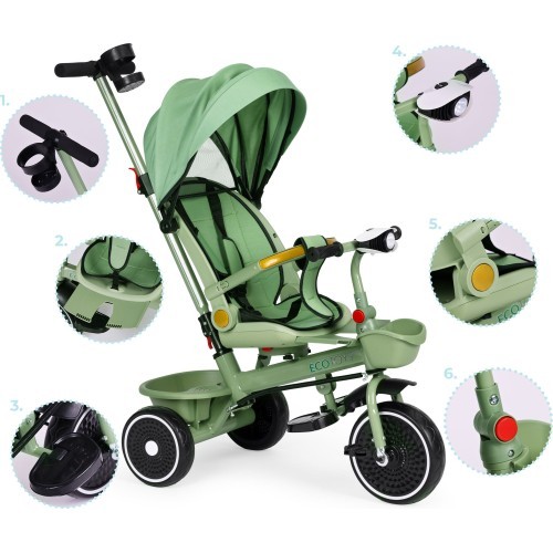 Triratukas 2in1 vežimėlis su pasukama sėdyne ir sulankstomu stogeliu žalias - ECOTOYS