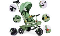 Triratukas 2in1 vežimėlis su pasukama sėdyne ir sulankstomu stogeliu žalias - ECOTOYS