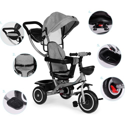 Трёхколёсный велосипед-коляска 2-в-1 ECOTOYS, поворотное сиденье, складной козырёк, серый