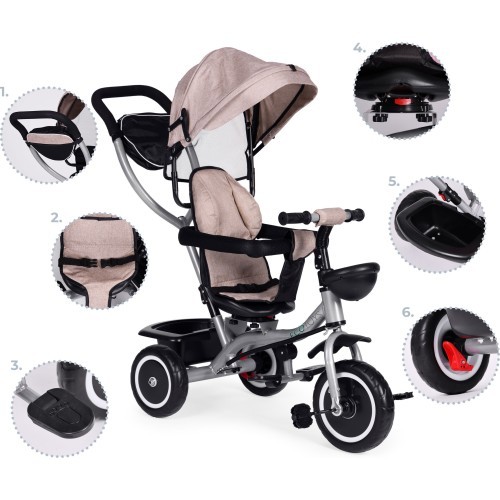 Трёхколёсный велосипед-коляска 2-в-1 ECOTOYS, поворотное сиденье, складной козырёк, бежевый