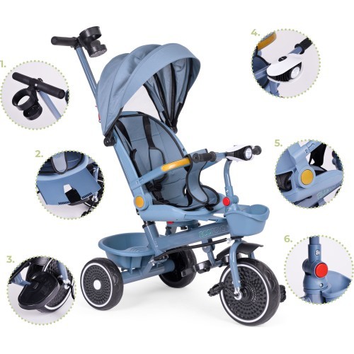 Triratukas-vežimėlis 2-in-1 sukamoji sėdynė sulankstomas stogelis mėlynas - ECOTOYS