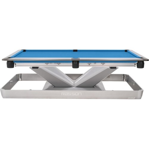 Billiard Table, Pool, Rasson Victory III, Silver, CLUB pocket size, 9 ft., Simonis 760 blue green