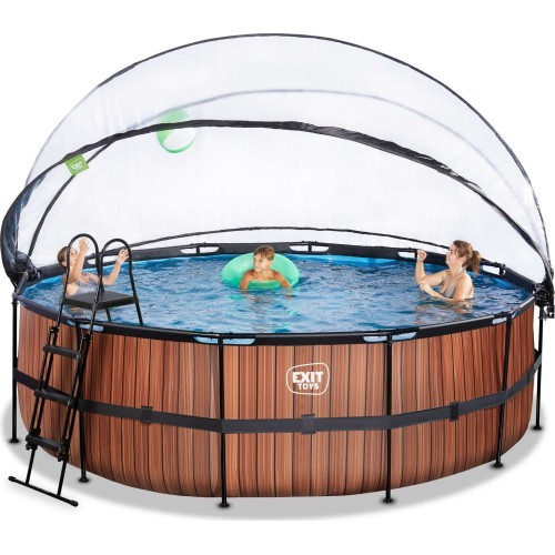 EXIT Wood pool ø450x122cm with dome and sand filter and heat pump - brown