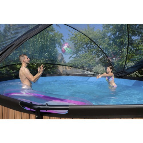 EXIT Wood pool ø450x122cm with dome and sand filter and heat pump - brown