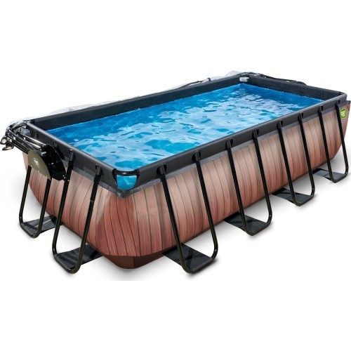 EXIT Wood pool 400x200x100cm with dome and sand filter and heat pump - brown
