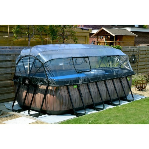 EXIT Wood pool 400x200x100cm with dome and sand filter and heat pump - brown