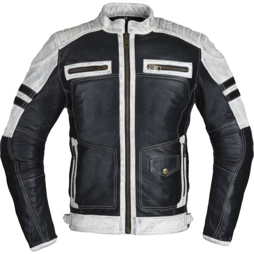Men’s Leather Jacket W-TEC Esbiker - Black with Beige Stripes