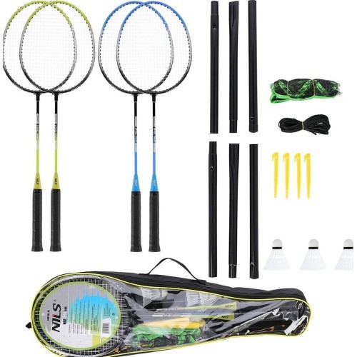 Plieninis badmintono rinkinys NRZ014 NILS: 4 raketės, 3 plunksninukai, tinklas 195x22 cm ir dėklas