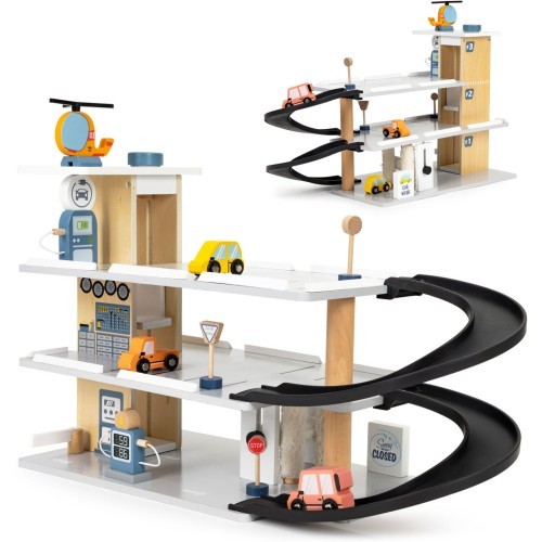 Large wooden garage parking with elevator + cars helicopter car wash ECOTOYS