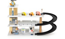 Didelis medinis garažas su liftu, automobiliais, sraigtasparniu ir automobilių plovykla ECOTOYS