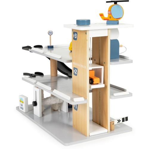 Large wooden garage parking with elevator + cars helicopter car wash ECOTOYS