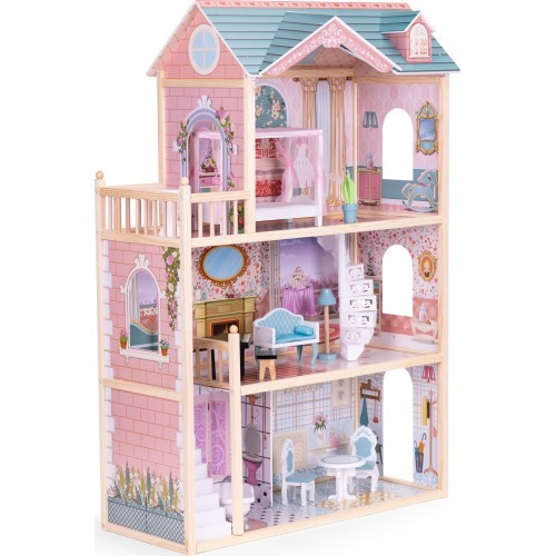 Деревянный кукольный домик ECOTOYS, 3 этажа, 11 предметов мебели