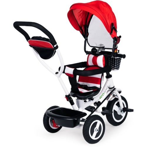 Triratukas ECOTOYS su pasukama sėdyne ir stogeliu, tvirti guminiai ratai, raudonas